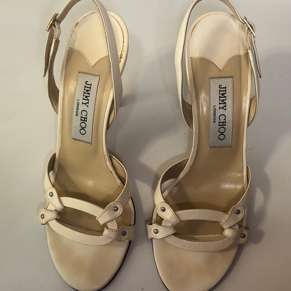 Jimmy Choo Cream Leather Open-Toe Slingback Heels
